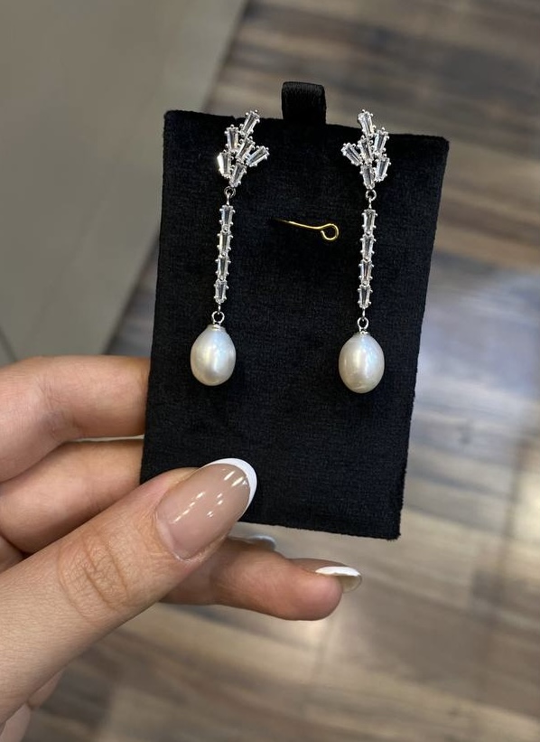 گوشواره جواهر نقره و مروارید طبیعی